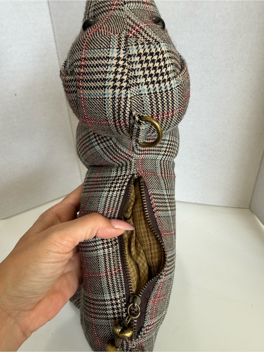 Plaid Dachshund Puppy Mini Bag - Fuzzy Nation Gray/Tan Plaid - Picture 6 of 10